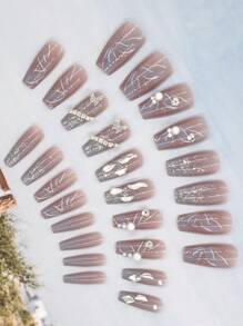 24 件棺材形长假指甲，含 1 个指甲锉和 1 个果冻胶，按压式指甲，美甲用品，指甲 - 彩色 - 查看 4