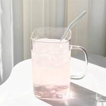 1个750毫升夏季吸管水杯，2024新款女士高颜值家用玻璃杯带手柄，方形透明茶杯 - 淺粉色 - 查看 6