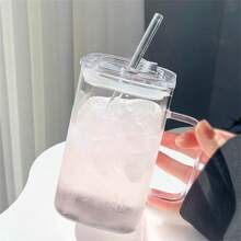 1个750毫升夏季吸管水杯，2024新款女士高颜值家用玻璃杯带手柄，方形透明茶杯 - 淺粉色 - 查看 1