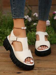 Women's Fashionable Wedge Heel Thick-Soled Casual Peep-Toe Sandals With Hook And Loop