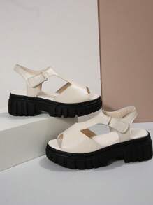 Women's Fashionable Wedge Heel Thick-Soled Casual Peep-Toe Sandals With Hook And Loop