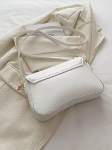 迷你復古方形拉鍊開口包，可調式肩帶和單色輕便斜挎包。適合女士日常休閑和學生使用。 - 白色 - 查看 5