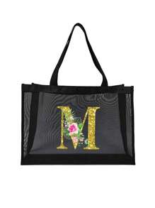 Mesh Beach Bag Tote Bag ,Floral Pattern Beach Bag,Foldable Swim Large Capacity Beach Tote Bag With Zipper Pockets Waterproof Sandproof,Letter Decor Mesh Beach Tote Women Shoulder Handbag,Large Capacity Bag For Women, For Summer Outdoor Beach Vacation Storage And Shopping For Women College Students Work,Outdoors, Travel, Outings,Holiday,Teacher's Day,Gifts For Women, Teacher's Day Gift, Beach Tote Bag For Women, Girl's Weekend Tote Handbag, Mother's Day Gifts,Birthday Gifts,Holiday Gifts - Black - View 17