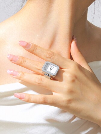 1PC Elegant Quartz Flower Ring Watch With Rhinestone Accents - Adjustable Fashion Jewelry For Women, Daily Wear, And Gifts