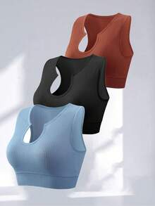 3 Packs Seamless Sports Bras With Removable Pads Workout Tops Ribbed Crop Tank Tops Wide Straps Racerback Non Wired Comfort Tank Top Set - Multicolor - View 6