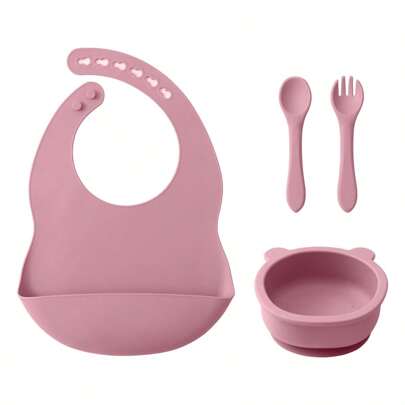 PopLittleOne 4PCS Baby Silicone Dinner Set Adjustable Bib Cartoon Bear Bowl Solid Color Spoon Fork Feeding Learning Baby Tableware