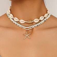 4pcs Fashionable Beach Vacation Inspired Sweet Metal Shell And Glass Beaded Starfish Pendant Layered Women's Necklace, Suitable For Holiday Parties, Street Casual, And Everyday Look