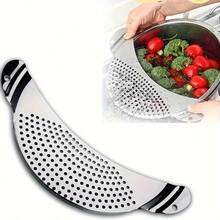 1Pc Pot Strainer With Handle Stainless Steel Colander Pasta Drainer Pan Pot Strainer With Recessed Hand Grips Suitable For Kitchen Pots And Pans Different Sizes Up To 10 Inches - Silver - View 1
