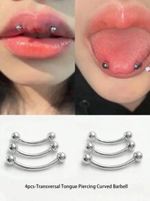 4pcs/Set 1.2mm Diameter Stainless Steel Tongue Piercing Jewelry, Curved Barbell Piercing For Tongue, Lip And Eyebrow, Banana Bells Suitable For Daily Wear