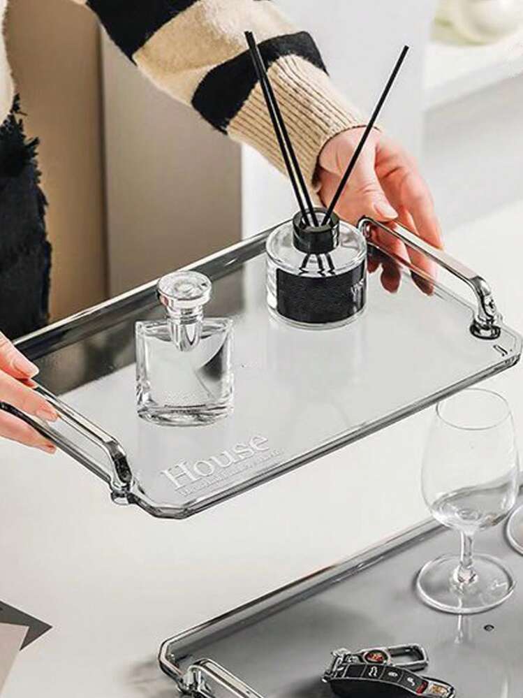 1pc Transparent Bathroom Tray, Cosmetics Storage Tray, Vanity And Desktop Organizer, Bottle Holder, Tea Cup Organizer, Suitable For Perfume, Skincare, Cup, Beauty Tools, Home Decor, Room Decor, Bathroom Accessories Christmas Gift - Gold - View 7