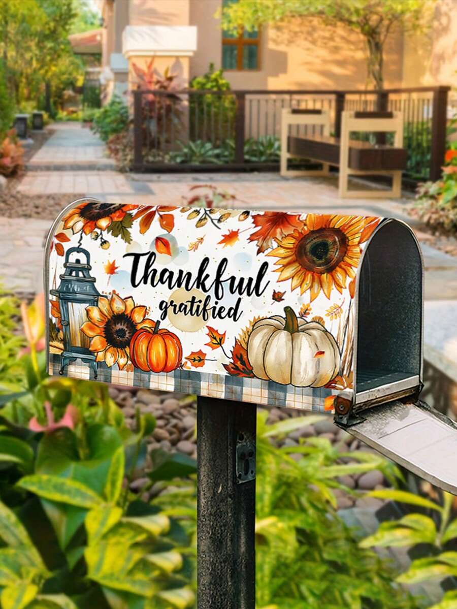 1入組感恩節南瓜郵箱套，標準尺寸21" X 18"，感恩向上向日葵裝飾郵箱貼，秋季農家院落户外花園裝飾 - 彩色 - 查看 1