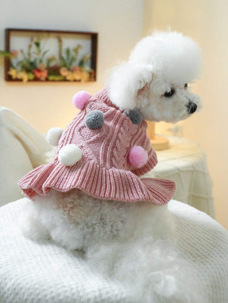 1 pieza Ropa para mascotas suave y cómoda con estilo de suéter para perros pequeños y medianos, cachorros, Chihuahuas - Con falda de lana de bolitas - Color rosa - Rosa - Ver 1