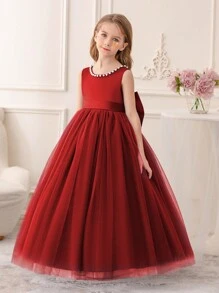 Tween Girl Burgundy Handmade Beaded 3D Bow Christmas Party Dress, Suitable For Girls Dresses Birthday Party, Prom, Flower Girl, Bridesmaid, School Party, Dance, Holiday Celebration - Burgundy - View 5