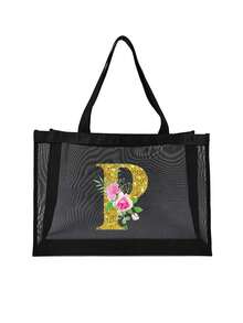 Mesh Beach Bag Tote Bag ,Floral Pattern Beach Bag,Foldable Swim Large Capacity Beach Tote Bag With Zipper Pockets Waterproof Sandproof,Letter Decor Mesh Beach Tote Women Shoulder Handbag,Large Capacity Bag For Women, For Summer Outdoor Beach Vacation Storage And Shopping For Women College Students Work,Outdoors, Travel, Outings,Holiday,Teacher's Day,Gifts For Women, Teacher's Day Gift, Beach Tote Bag For Women, Girl's Weekend Tote Handbag, Mother's Day Gifts,Birthday Gifts,Holiday Gifts - Black - View 8
