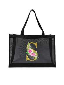 Mesh Beach Bag Tote Bag ,Floral Pattern Beach Bag,Foldable Swim Large Capacity Beach Tote Bag With Zipper Pockets Waterproof Sandproof,Letter Decor Mesh Beach Tote Women Shoulder Handbag,Large Capacity Bag For Women, For Summer Outdoor Beach Vacation Storage And Shopping For Women College Students Work,Outdoors, Travel, Outings,Holiday,Teacher's Day,Gifts For Women, Teacher's Day Gift, Beach Tote Bag For Women, Girl's Weekend Tote Handbag, Mother's Day Gifts,Birthday Gifts,Holiday Gifts - Black - View 10