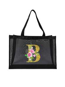 Mesh Beach Bag Tote Bag ,Floral Pattern Beach Bag,Foldable Swim Large Capacity Beach Tote Bag With Zipper Pockets Waterproof Sandproof,Letter Decor Mesh Beach Tote Women Shoulder Handbag,Large Capacity Bag For Women, For Summer Outdoor Beach Vacation Storage And Shopping For Women College Students Work,Outdoors, Travel, Outings,Holiday,Teacher's Day,Gifts For Women, Teacher's Day Gift, Beach Tote Bag For Women, Girl's Weekend Tote Handbag, Mother's Day Gifts,Birthday Gifts,Holiday Gifts - Black - View 6