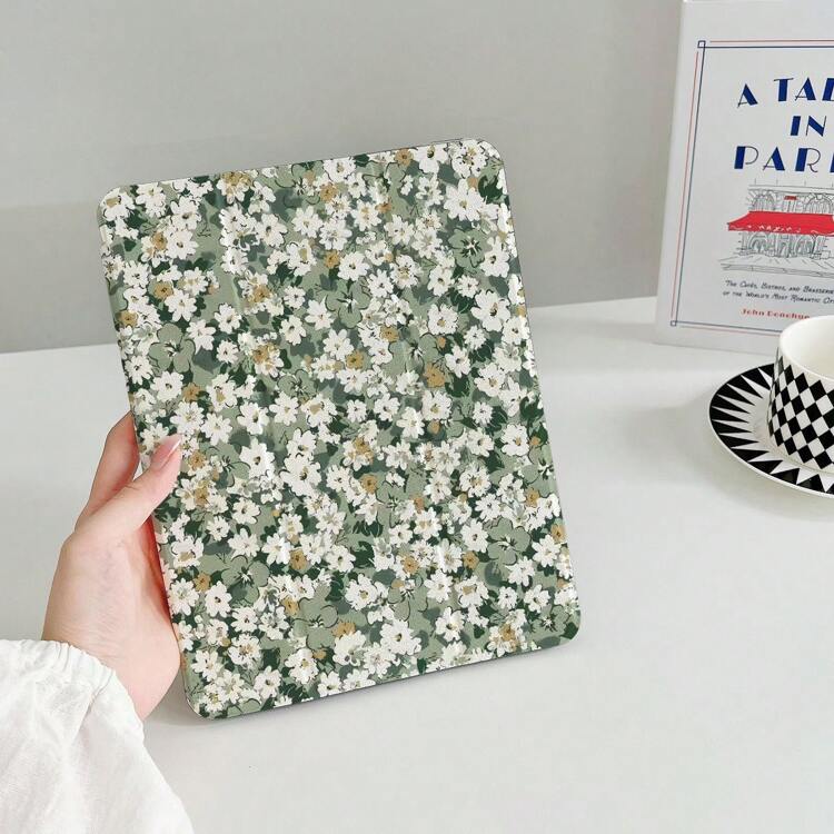 1 个绿色花卉图案硅胶保护壳，适用于 iPad 9 (2022)/Air 4/3、第 9 代，带笔架、全覆盖、三折支架、Pro 11/Mini 5 - 彩色 - 查看 3