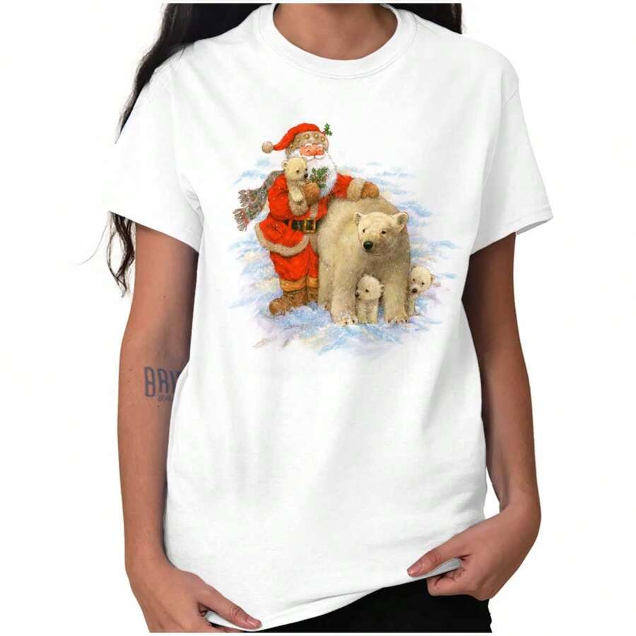 Cute Christmas Womens Graphic Tee Shirt Festive Vintage Xmas Animal Winter Holiday Santa Claus Polar Bears Ladies Casual Fashion Cotton Printed Short Sleeve Crewneck Tshirt - 白色 - 查看 1
