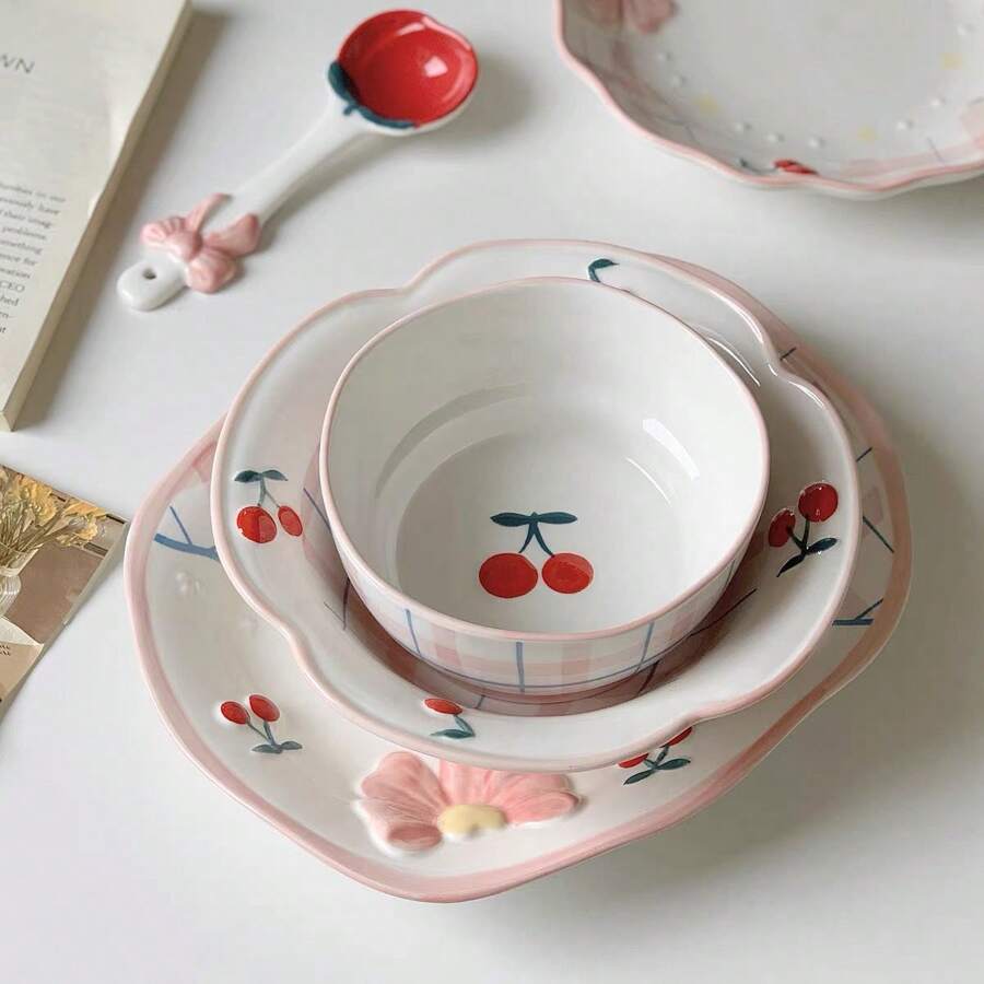 1 件可爱的樱桃色釉下彩陶瓷餐具，包括汤匙、碗、甜点盘。适合家庭、餐厅和日常使用。学校用品，返校 - 彩色 - 查看 1