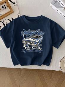 年轻男孩汽车印花休闲圆领 T 恤 - 藏蓝色 - 查看 1