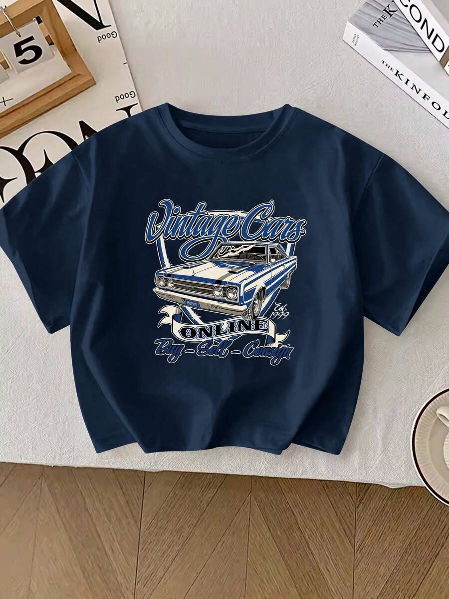 年轻男孩汽车印花休闲圆领 T 恤 - 藏蓝色 - 查看 1