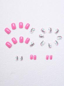 24Pcs Deluxe & Elegant Square Press-On False Nails With Multi-Color Floral, Leaf, And Grid Designs, For Daily Wear, With Jelly Glue And Nail File Included Nail Supplies Nails - Pink - View 3