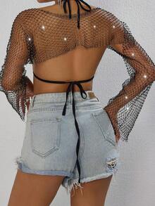 閃亮亮的水鑽魚網上衣，女士薄紗美人內衣附件 - 黑色 - 查看 5