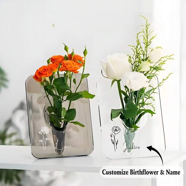 Personalisierter, transparenter Acryl-Fotorahmen in Vaseform für die Heimdekoration, 8 x 6 Zoll moderner Blumenrahmen-Vase, geeignet für Zuhause, Schlafzimmer, Büroregal, Hochzeitsdekoration asymmetrische transparente Vasendekoration