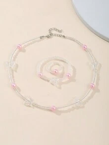 3件套女孩珍珠串珠蝴蝶项链、手链、戒指套装 - 彩色 - 查看 10