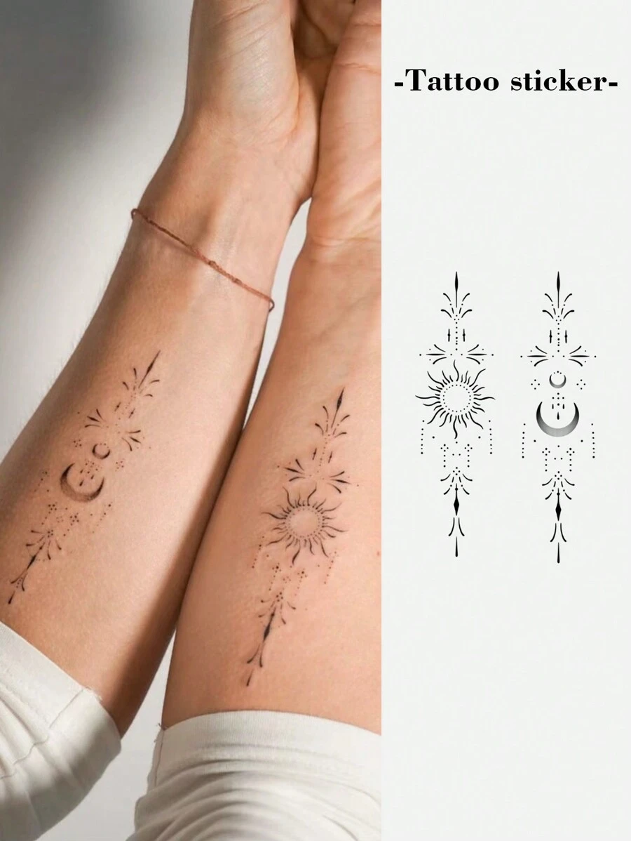 1pc Temporary Tattoo Sticker Unisex Design Of Sun, Moon, Stars, And Light, Waterproof And Sweatproof, Disposable - Black - View 1