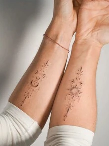 1pc Temporary Tattoo Sticker Unisex Design Of Sun, Moon, Stars, And Light, Waterproof And Sweatproof, Disposable - Black - View 2