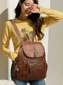Mochilas de cuero suave para mujer 2024, bolsos de hombro vintage femeninos, bolsos casuales de viaje para damas, mochila escolar S - Marrón - Ver 5