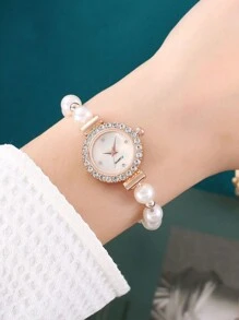 1 Đồng hồ nữ thời trang Ngọc trai kim cương Đồng hồ nữ dây rút Vòng tay Đồng hồ đeo tay - trắng - Xem 12