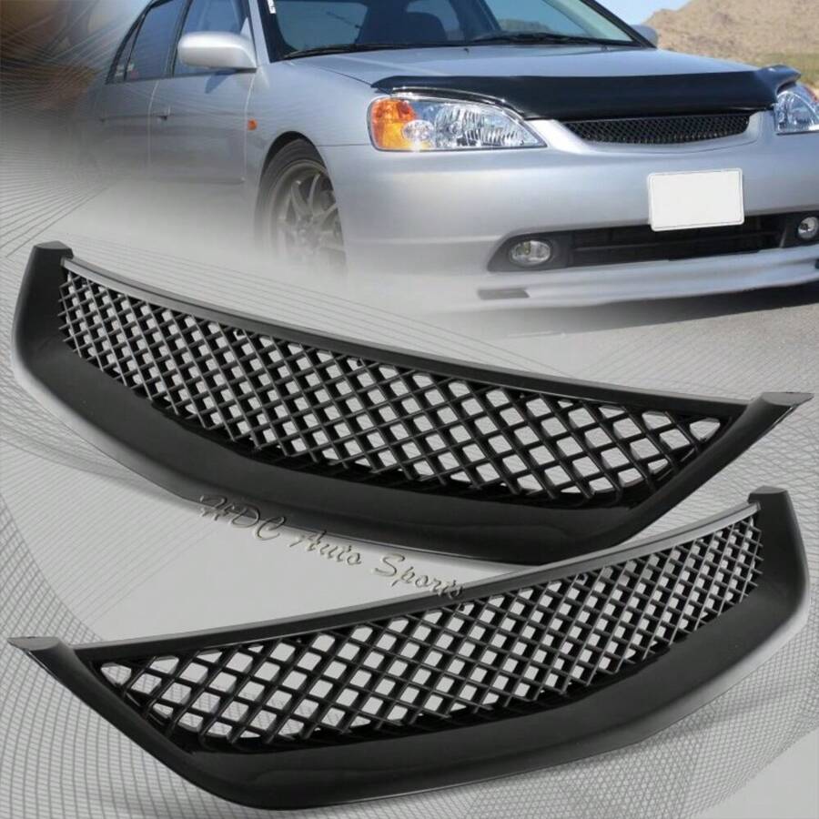 ForHonda 2001-2003 Civic JDM Type R Black Mesh ABS Front Hood Grille Grill - 黑色 - 查看 1