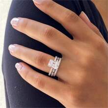 Fashionable Women's Three-Piece Square Diamond Ring And Bracelets Set - Silver - View 5