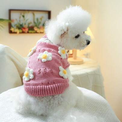 1 件适合小型/中型犬和猫的宠物毛衣，柔软舒适的花卉印花针织衫 - 粉色