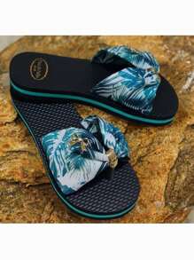 Chinelo Feminino Laço You Saint Tropez Rasteirinha Tecido Estampado Sola Emborrachada - Preto-Verde - Visão 1