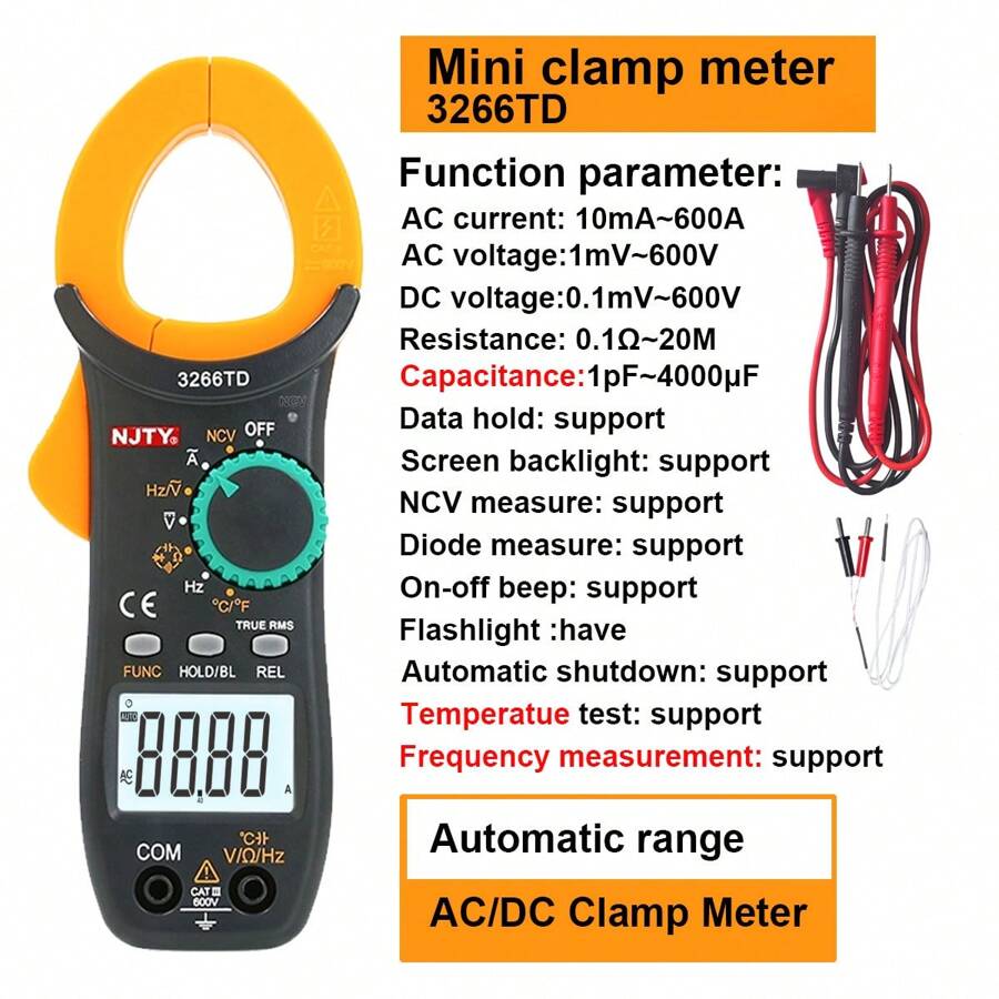 NJTY 3266 Clamp Meter 4000 Counts Auto-Ranging Current Ammeter Hertz Ohm NCV Voltage Capacitance Temperature Multifunction Instrument Multimeter - Hitam - View 1