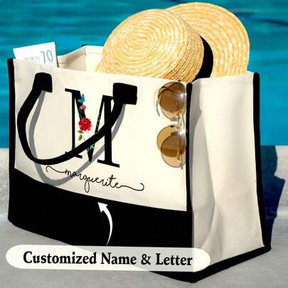 Personalized Custom Name Canvas Beach Tote Initial Tote Bag Bridesmaid Gift Tote Bag Custom Beach Bag Gift For Her A-Z-Black Letter Portable, Multifunction, Versatile, Lightweight, Functional, Practical Fashion, For School, For Business/Commute/Work/Office, School Supplies, For Teenagers, Junior High School Students, Middle School Students, High School Senior High School Students, College Students, University Students, Freshman, Sophomore, Underclassmen,Customized Women Shoulder Bags,Vintage
