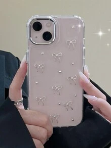 可爱小巧 3D 金属蝴蝶结手机壳适用于 16 15 14 13 12 11 Pro Max Plus 奢华滴胶闪粉外壳新款时尚日韩女孩透明软壳防水防震防摔防刮 - 銀點蝴蝶結 - 查看 6