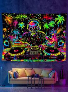 Skull Tapestry Skull Tapestry Fun Music Wall Tapestry Hip-Hop Tapestry Wall Hanging Uv Active Hippie Wall Art, Black Light Party Decoration, Flag For Room, Room Decor, Tapestries, Wall Decor, Home Decor, Flags For Room, Room Stuffs - Multicolor - View 3