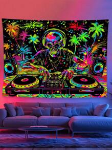 Skull Tapestry Skull Tapestry Fun Music Wall Tapestry Hip-Hop Tapestry Wall Hanging Uv Active Hippie Wall Art, Black Light Party Decoration, Flag For Room, Room Decor, Tapestries, Wall Decor, Home Decor, Flags For Room, Room Stuffs - Multicolor - View 5