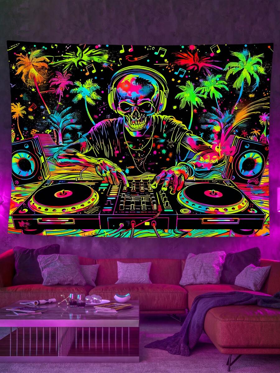 Skull Tapestry Skull Tapestry Fun Music Wall Tapestry Hip-Hop Tapestry Wall Hanging Uv Active Hippie Wall Art, Black Light Party Decoration, Flag For Room, Room Decor, Tapestries, Wall Decor, Home Decor, Flags For Room, Room Stuffs - Multicolor - View 1