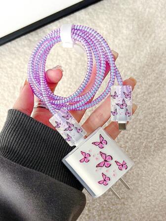 5入組蝴蝶圖案透明數據線保護頭適用於iphone