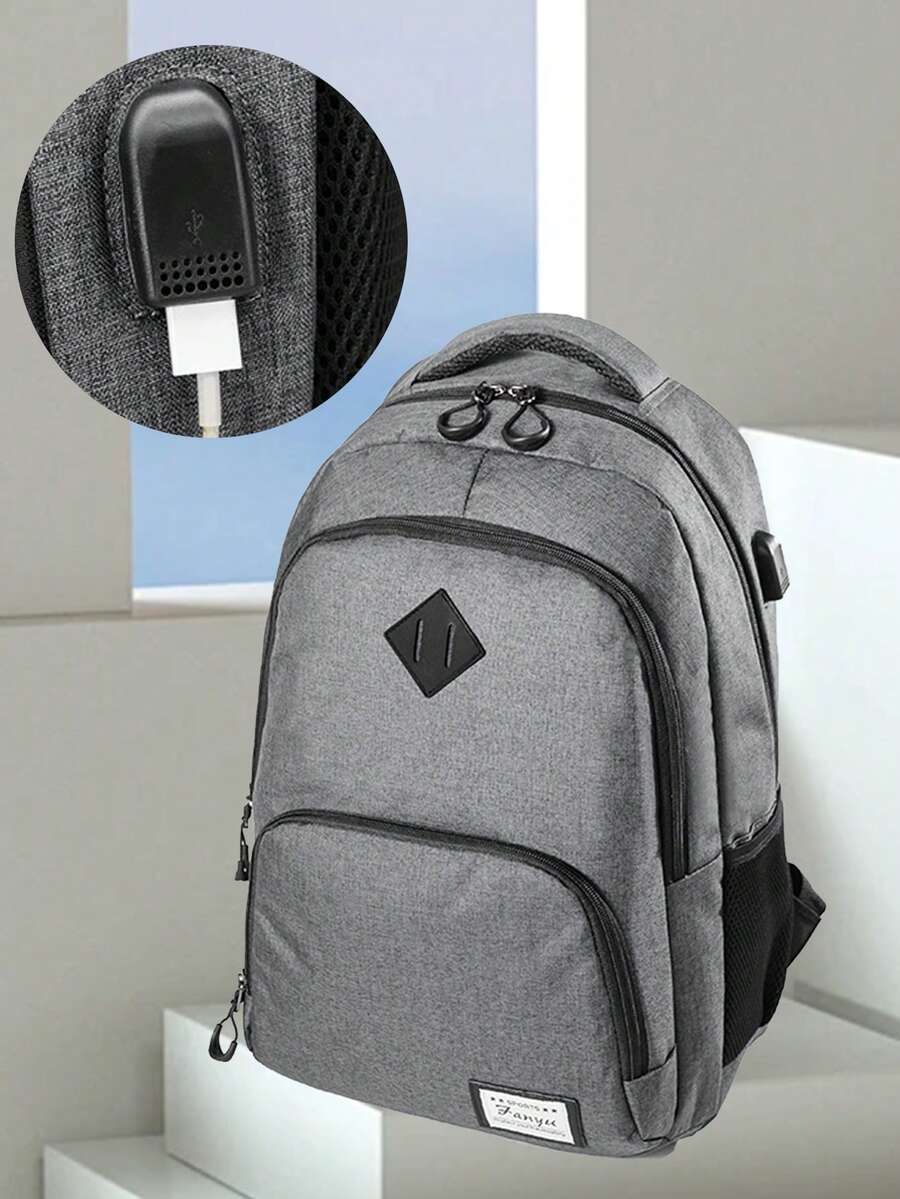 都市簡約款防水背包男士休閒旅行包高校學生學校書包大學風格USB電腦背包男士禮物簡約假期出行背包學生書包開學返校多功能宿舍大學父親節禮物學生書包 - 灰色 - 查看 1