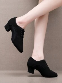 女士真皮底拉丁舞鞋，绒面网眼鞋面，软底，黑色，中高跟，透气，适合所有季节、交谊舞和标准舞 - 黑色 - 查看 1