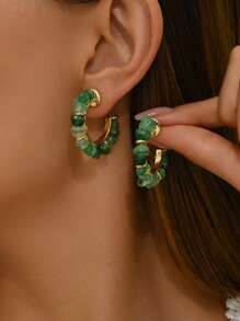 2pcs Fashionable, Fresh, Crystal And Elegant C-Shaped Imitation Green Aventurine Natural Stone & Glass Bead DIY Braided Earrings, Suitable For Women's Daily Wear And Girls' Holiday Gifts - Jade Earrings - View 1