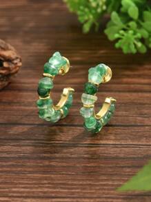 2pcs Fashionable, Fresh, Crystal And Elegant C-Shaped Imitation Green Aventurine Natural Stone & Glass Bead DIY Braided Earrings, Suitable For Women's Daily Wear And Girls' Holiday Gifts - Jade Earrings - View 2