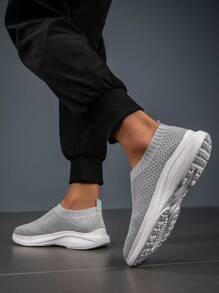 Men's Grey Breathable Knit Casual Flat Lightweight Slip-On Shoes - Grey - View 4