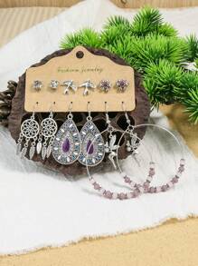 TopHanqi Set de 24 pares de aretes de moda bohemios vintage para mujer, que incluye aretes de botón, atrapasueños, de strass, borlas y aros grandes, accesorios personalizados, artículos populares para uso diario, fotos casuales, fiestas, citas y el trabajo